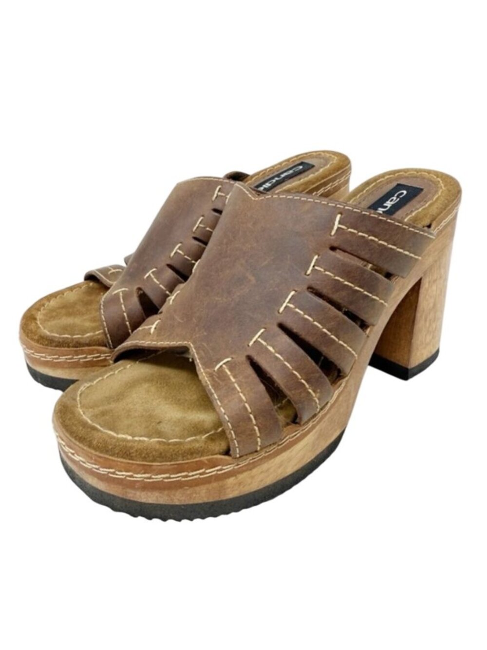 Vtg Candies 90s Brown Leather Platform Sandals Size 8.5 Y2K Wood Heels Bratz Dol